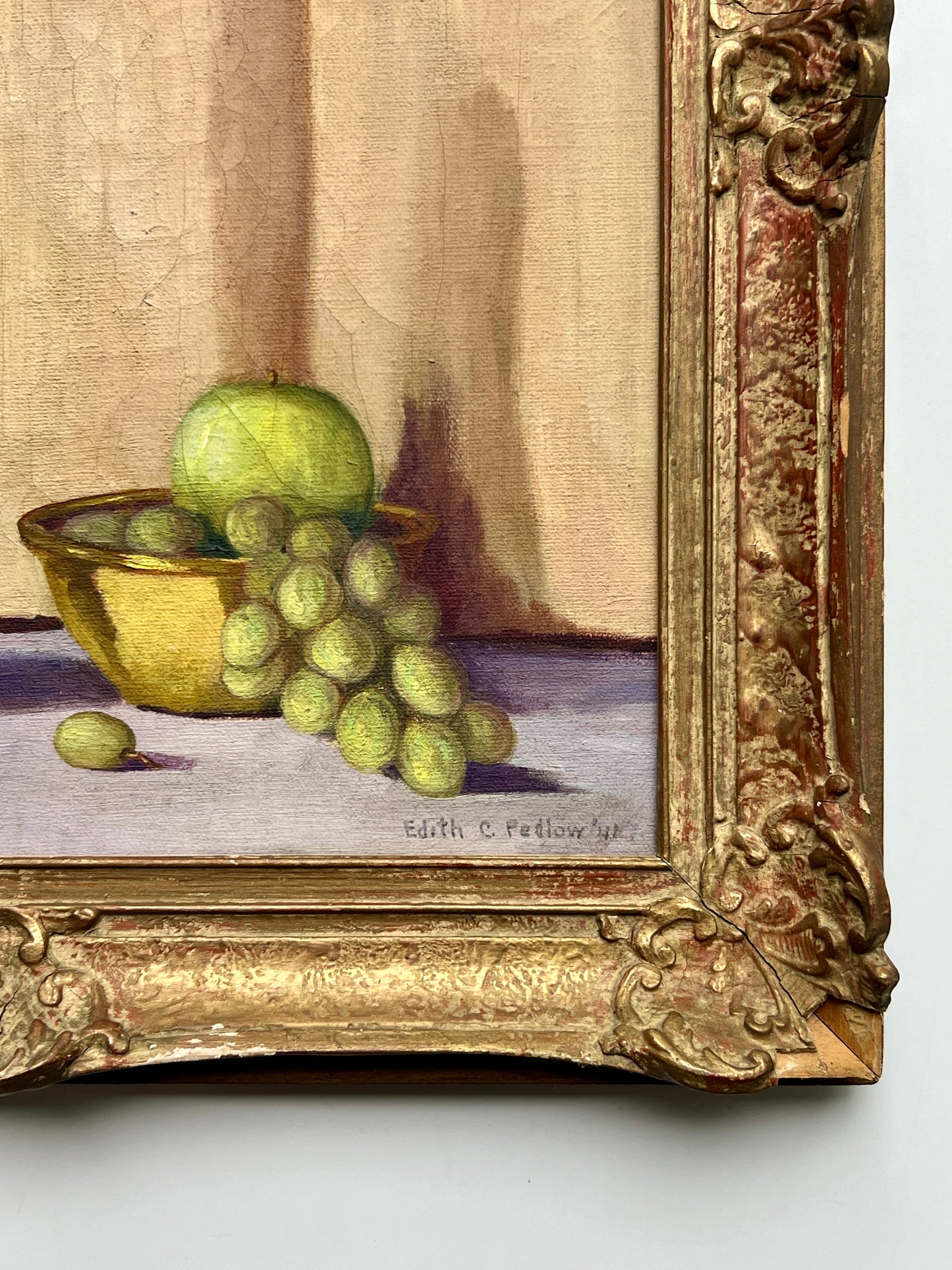 Edith Pedlow 1941 Still Life Oil Painting of Chinoiserie Vase and Fruit in Ornate Frame