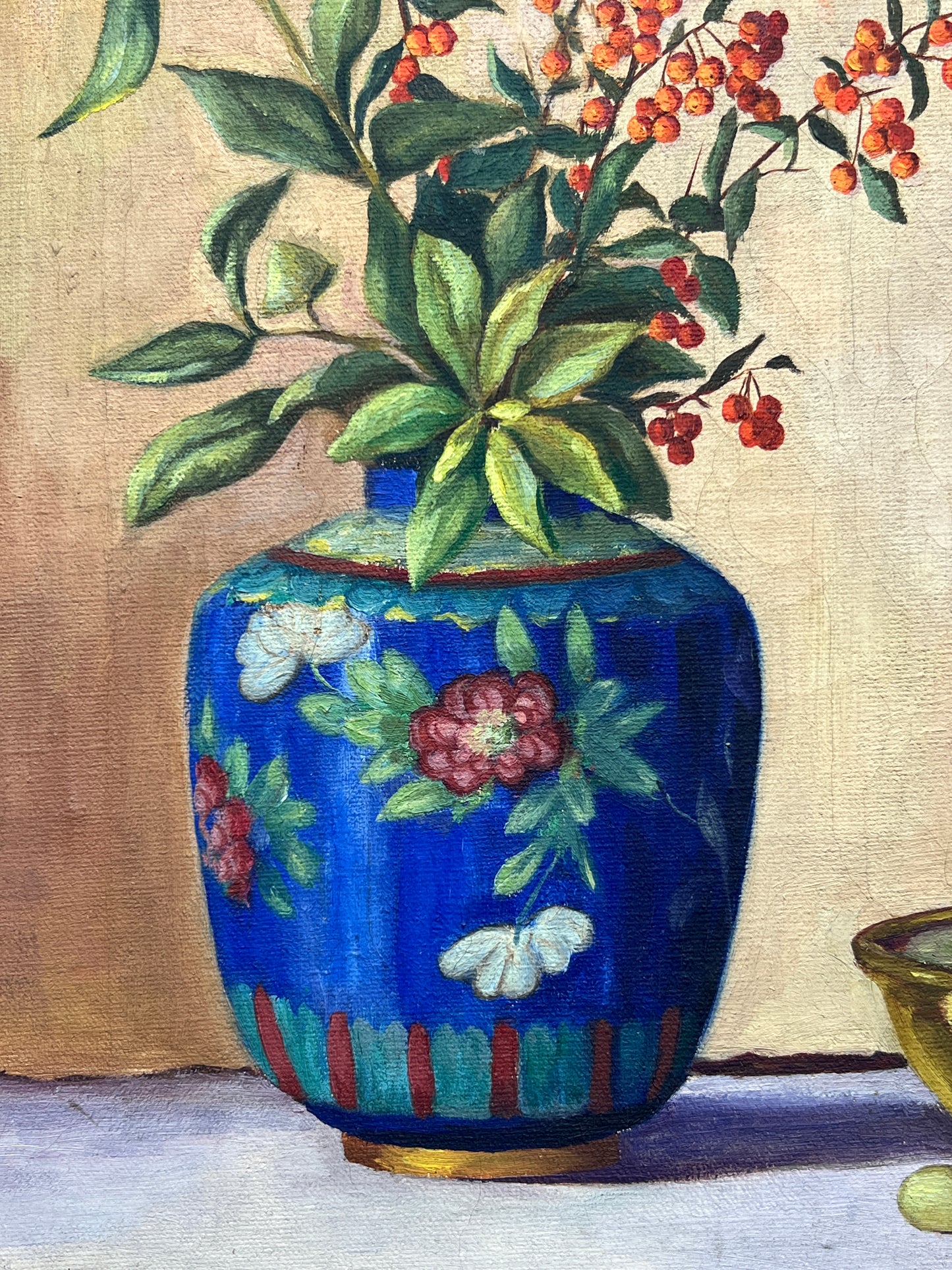 Edith Pedlow 1941 Still Life Oil Painting of Chinoiserie Vase and Fruit in Ornate Frame
