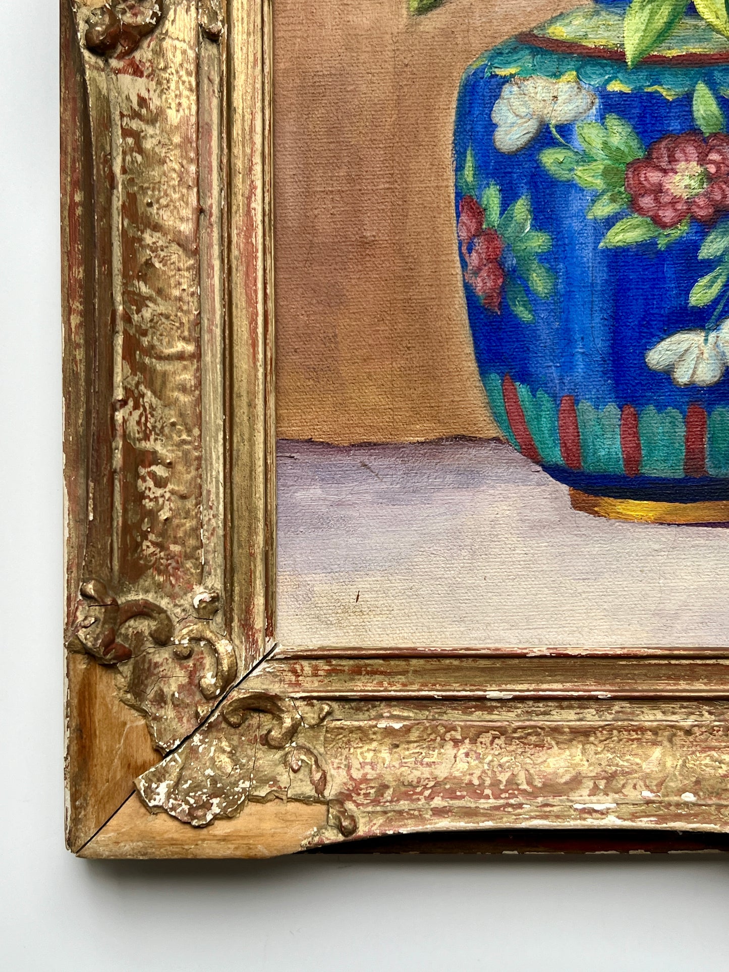 Edith Pedlow 1941 Still Life Oil Painting of Chinoiserie Vase and Fruit in Ornate Frame