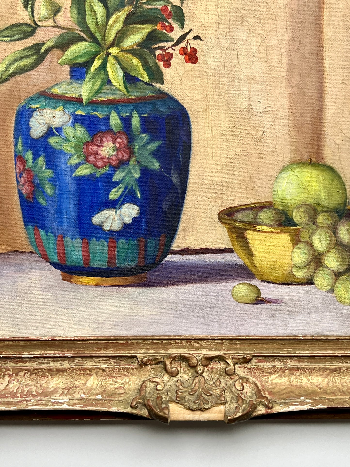 Edith Pedlow 1941 Still Life Oil Painting of Chinoiserie Vase and Fruit in Ornate Frame