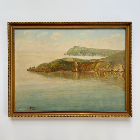 1969 Coastal Cliffs Landscape Oil Painting in Gold Frame
