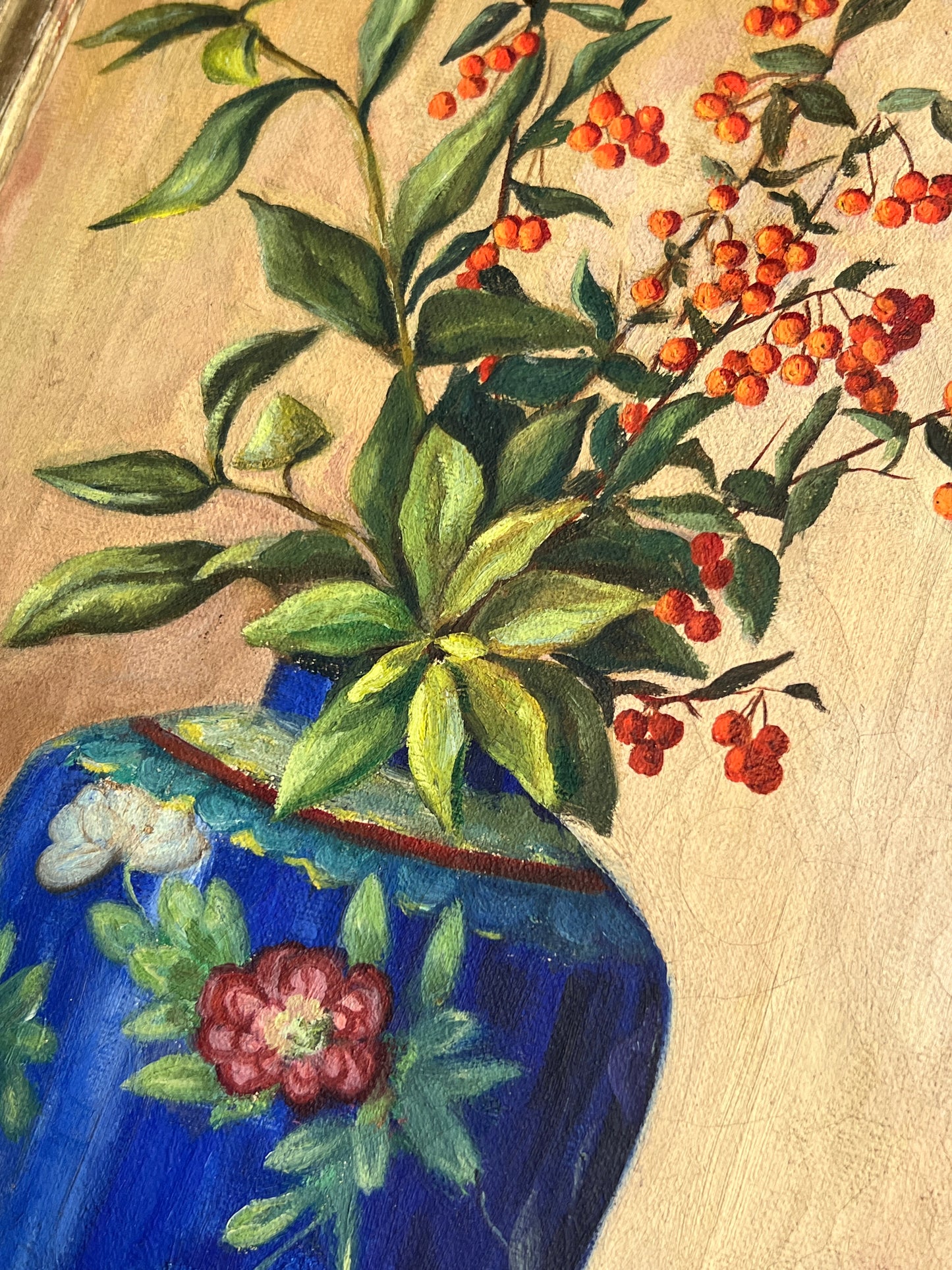 Edith Pedlow 1941 Still Life Oil Painting of Chinoiserie Vase and Fruit in Ornate Frame
