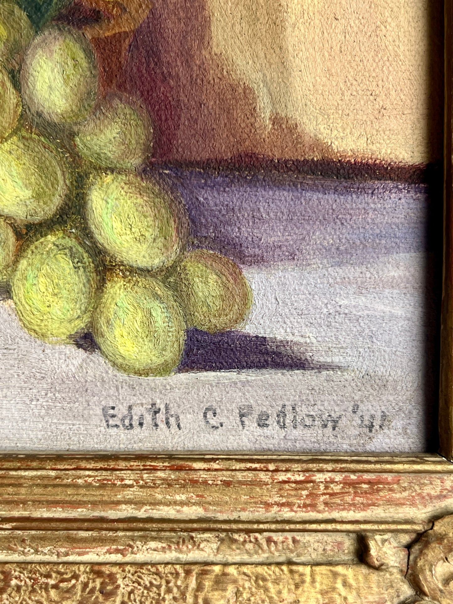 Edith Pedlow 1941 Still Life Oil Painting of Chinoiserie Vase and Fruit in Ornate Frame