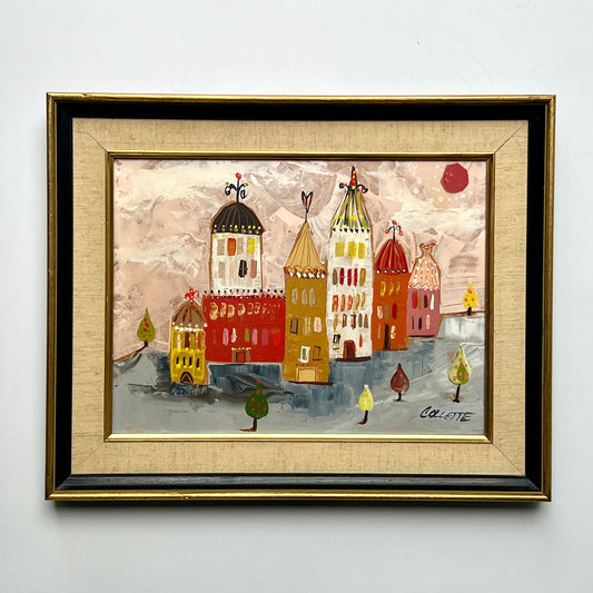 Mid Century Fantastical Pink Storybook Cityscape Oil Painting in Black and Gold Frame