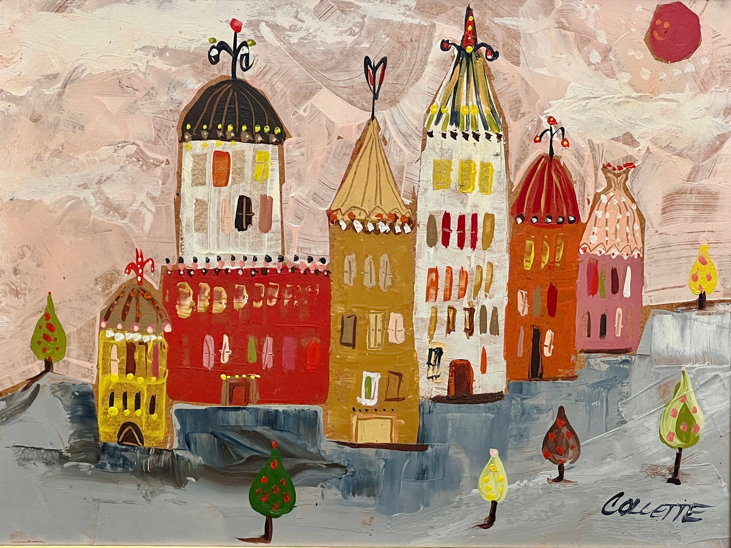 Mid Century Fantastical Pink Storybook Cityscape Oil Painting in Black and Gold Frame