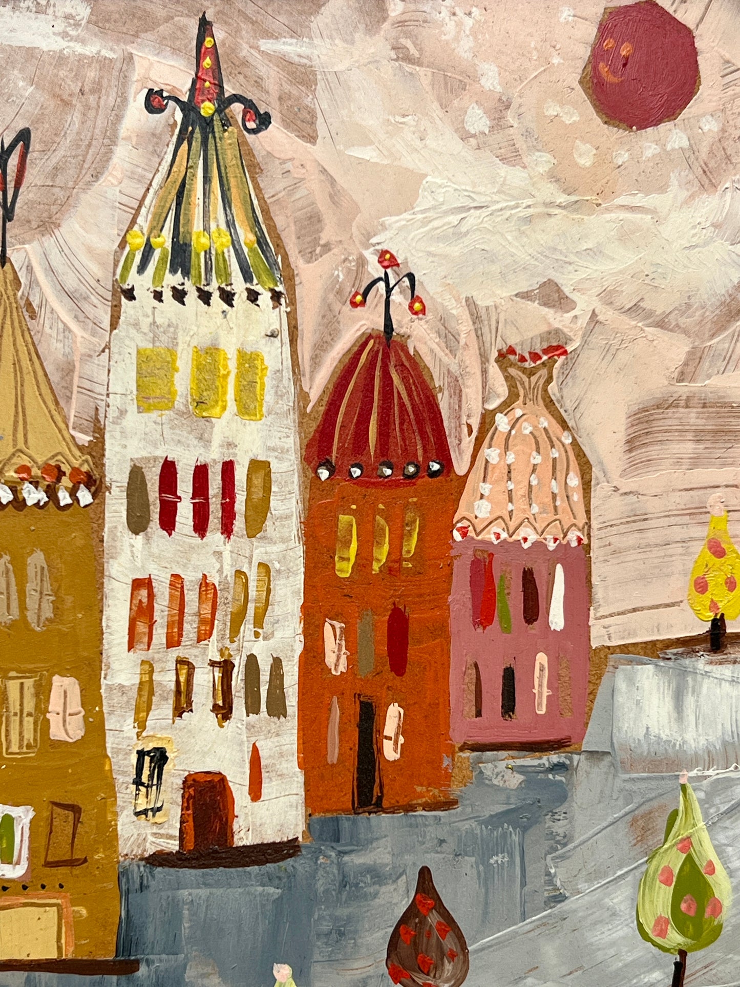 Mid Century Fantastical Pink Storybook Cityscape Oil Painting in Black and Gold Frame