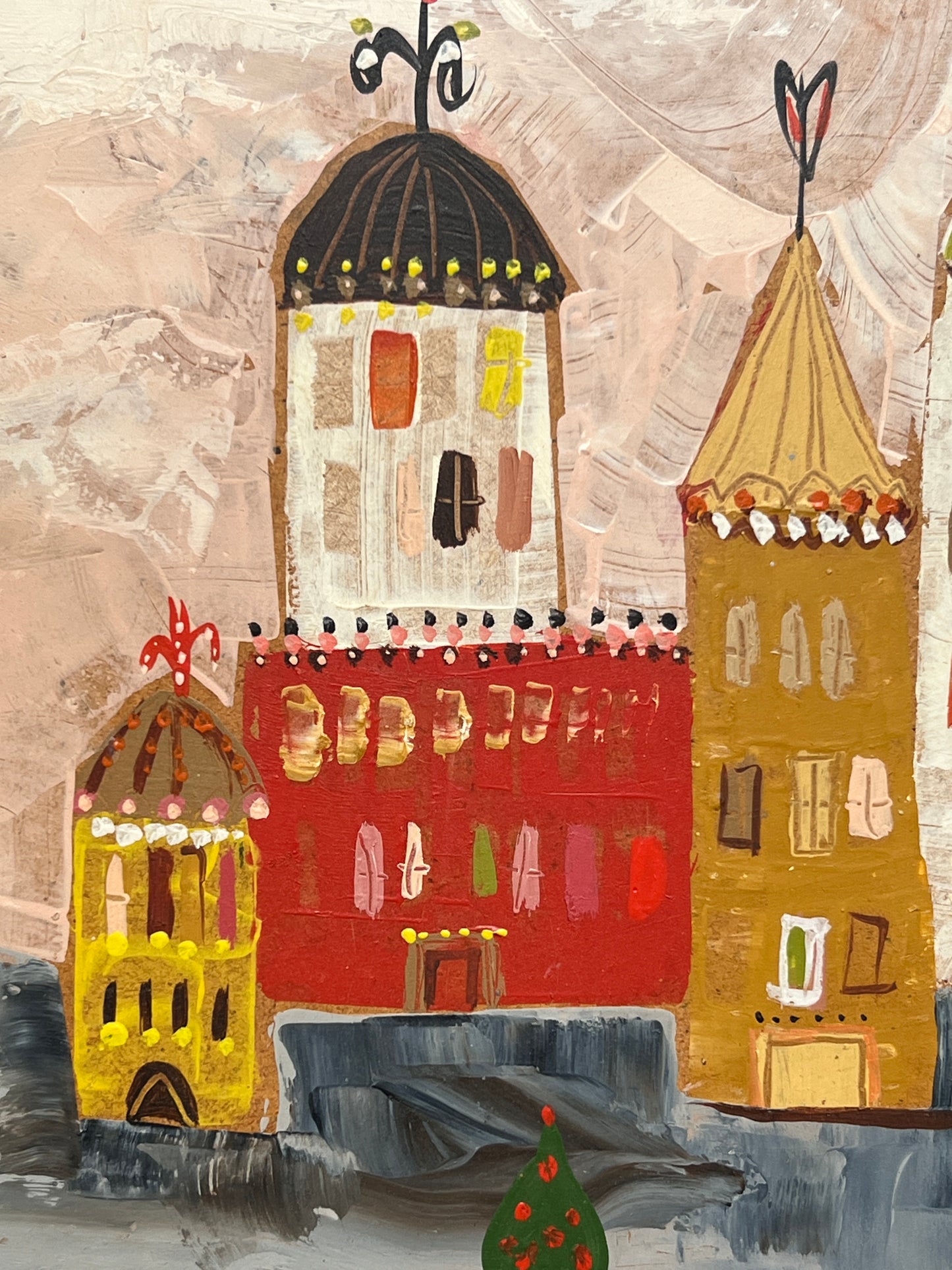 Mid Century Fantastical Pink Storybook Cityscape Oil Painting in Black and Gold Frame