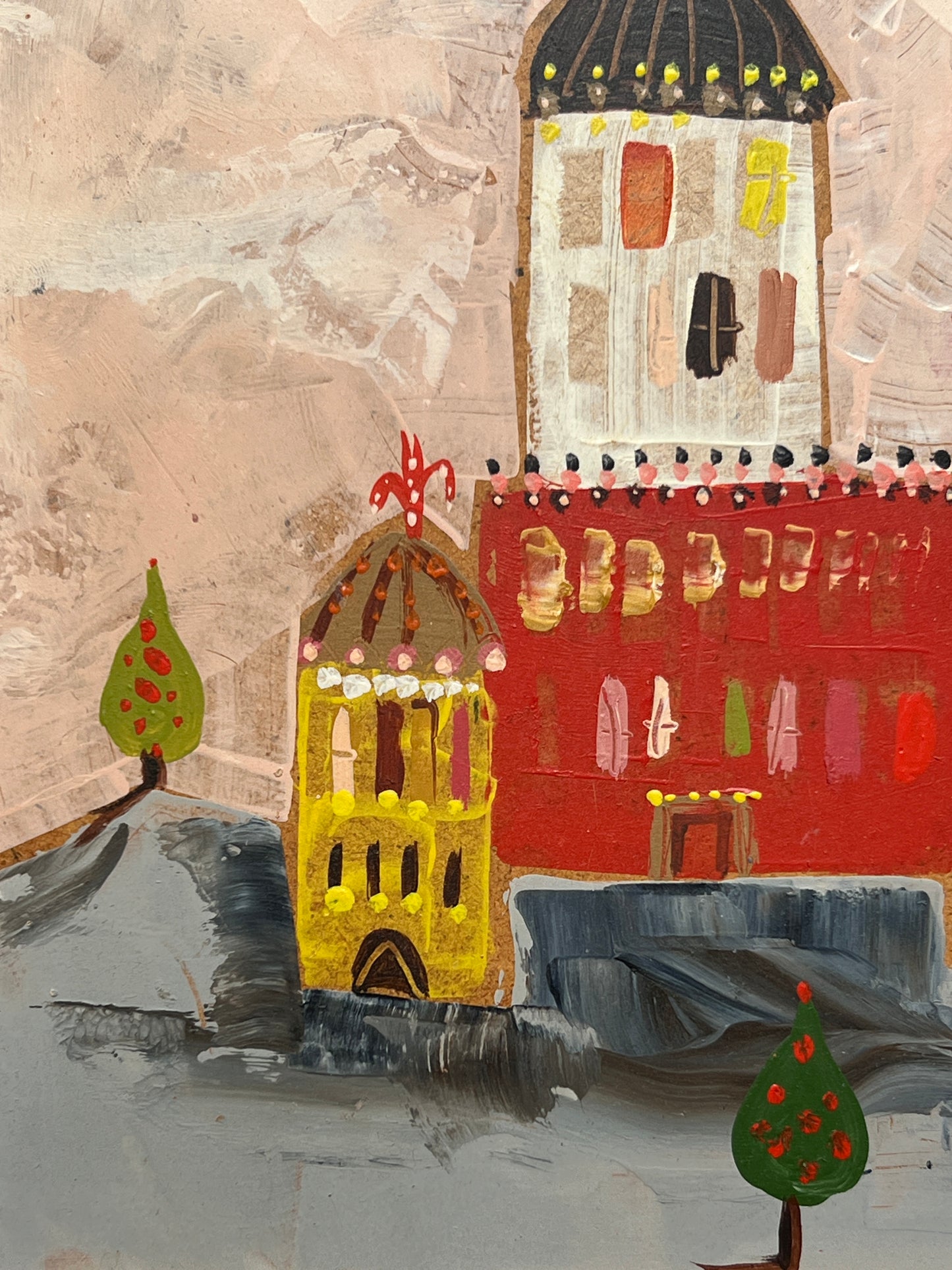 Mid Century Fantastical Pink Storybook Cityscape Oil Painting in Black and Gold Frame
