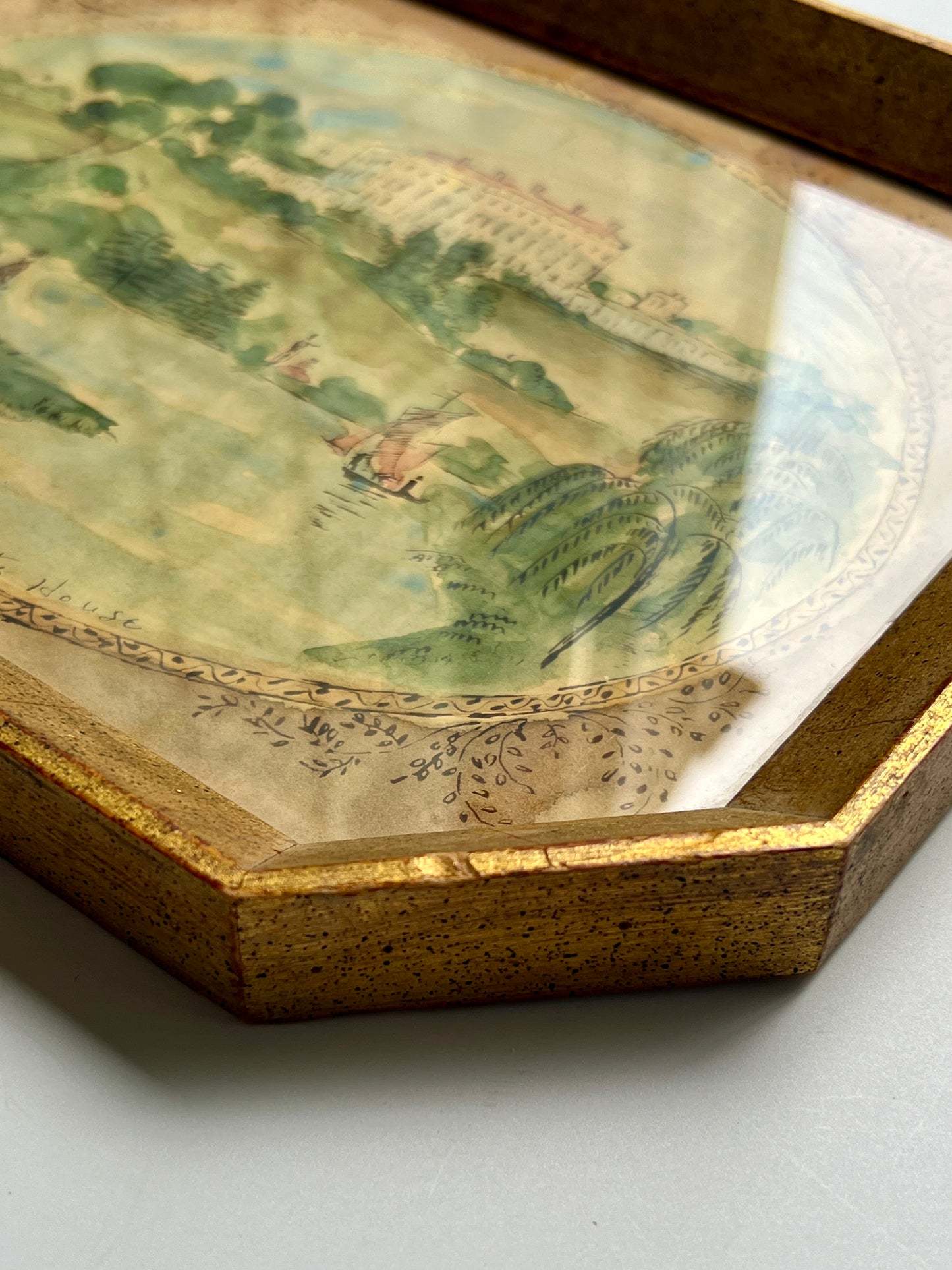 Vintage "The President's House" Watercolor and Ink Landscape in Gold Octagon Frame