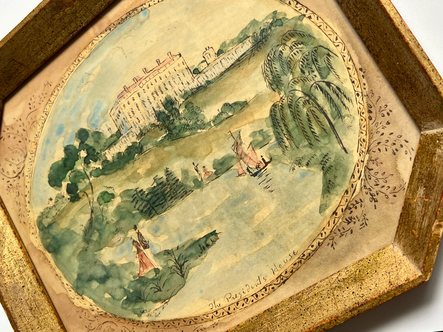 Vintage "The President's House" Watercolor and Ink Landscape in Gold Octagon Frame