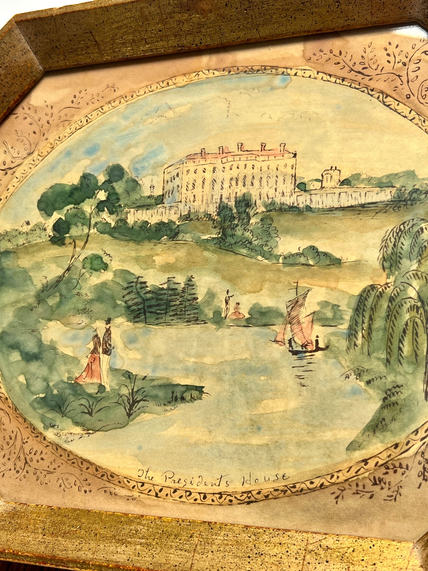 Vintage "The President's House" Watercolor and Ink Landscape in Gold Octagon Frame