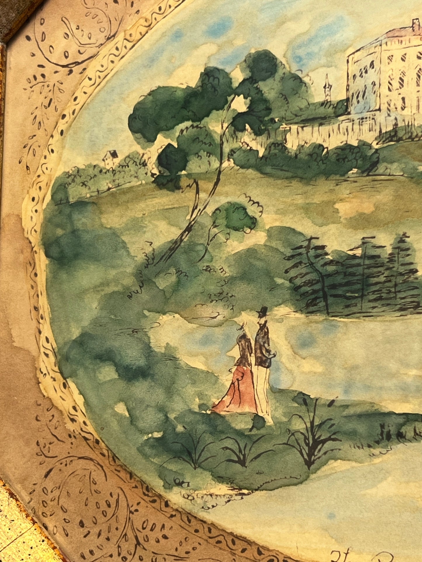 Vintage "The President's House" Watercolor and Ink Landscape in Gold Octagon Frame