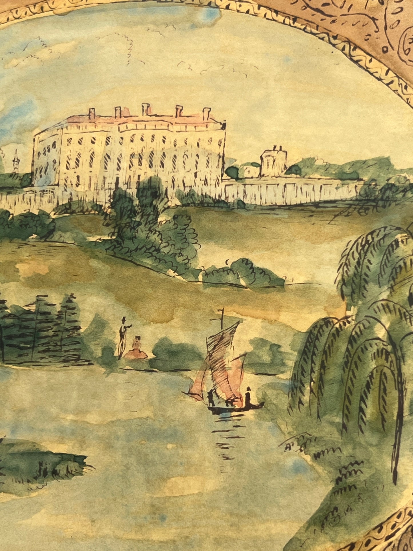 Vintage "The President's House" Watercolor and Ink Landscape in Gold Octagon Frame
