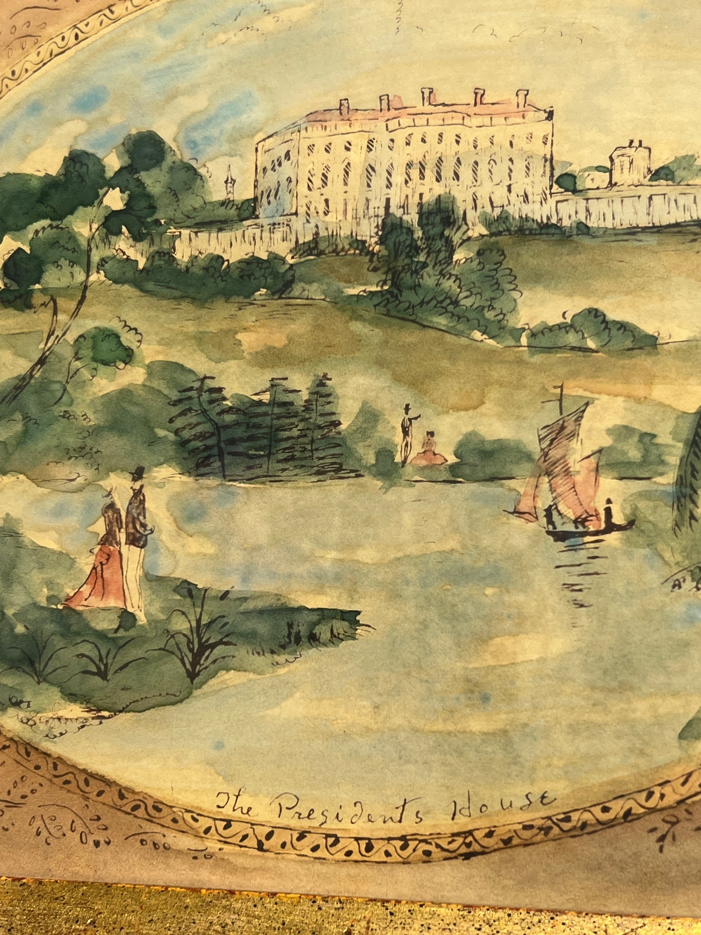 Vintage "The President's House" Watercolor and Ink Landscape in Gold Octagon Frame