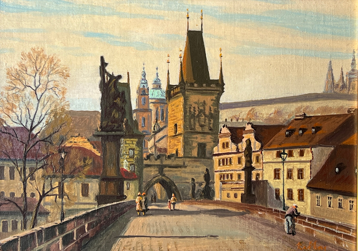 Vintage Crossing the Charles Bridge Prague Oil Painting in Wood Frame