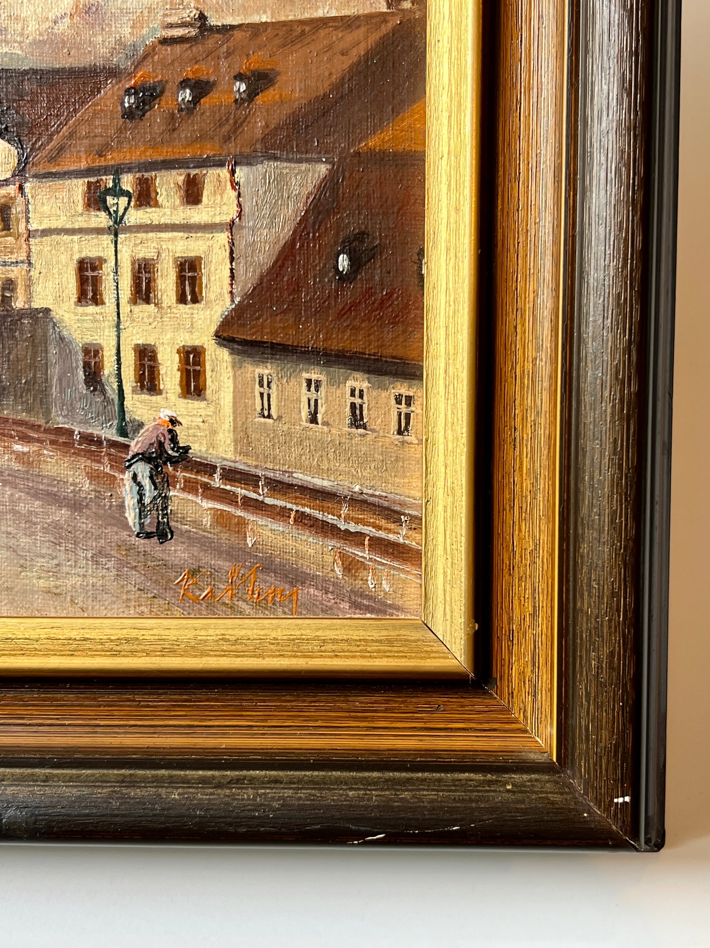 Vintage Crossing the Charles Bridge Prague Oil Painting in Wood Frame