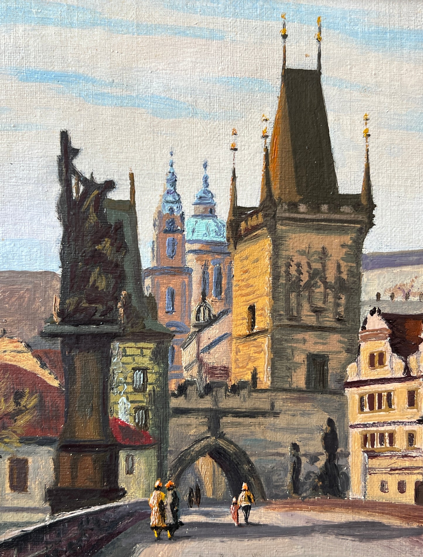Vintage Crossing the Charles Bridge Prague Oil Painting in Wood Frame