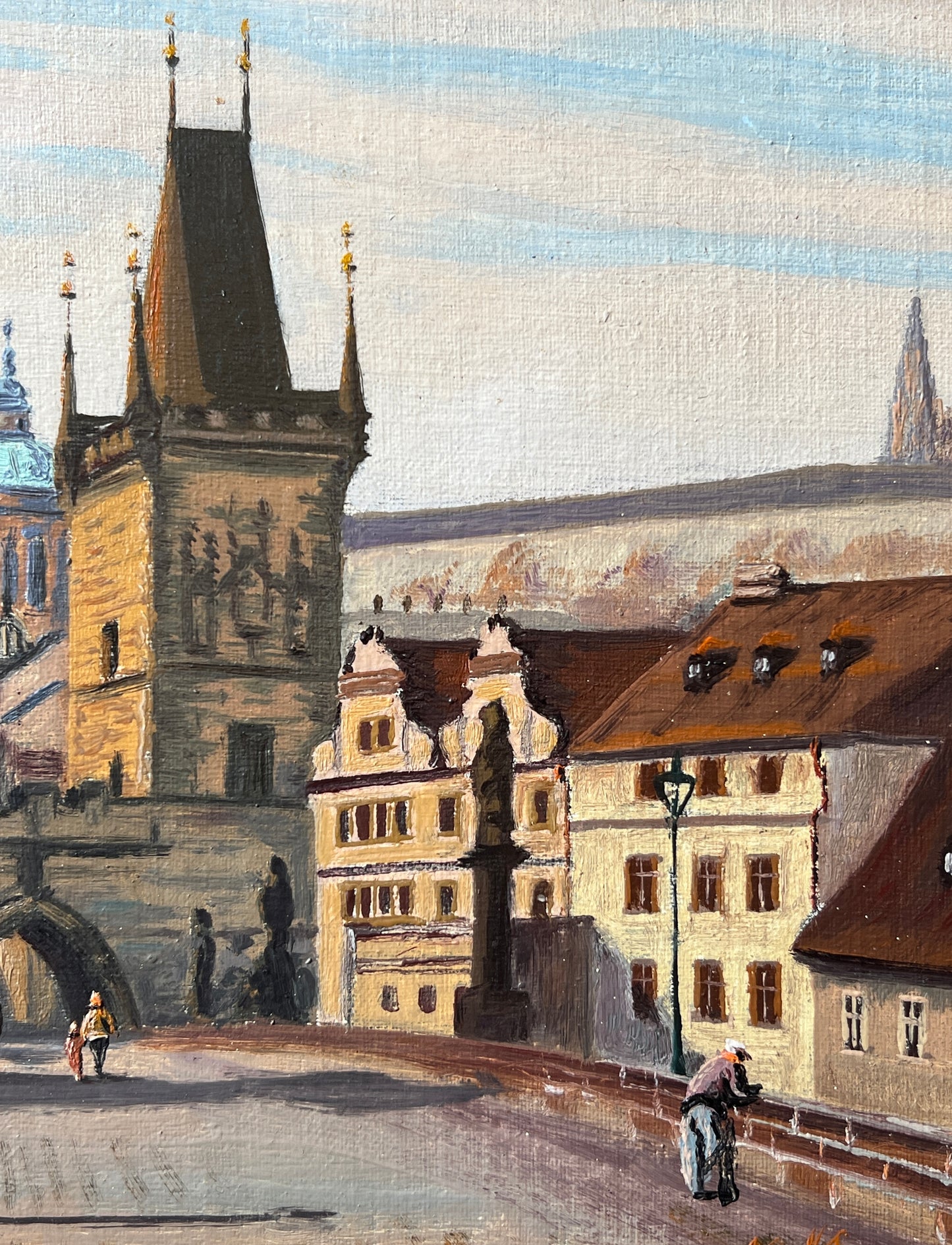 Vintage Crossing the Charles Bridge Prague Oil Painting in Wood Frame