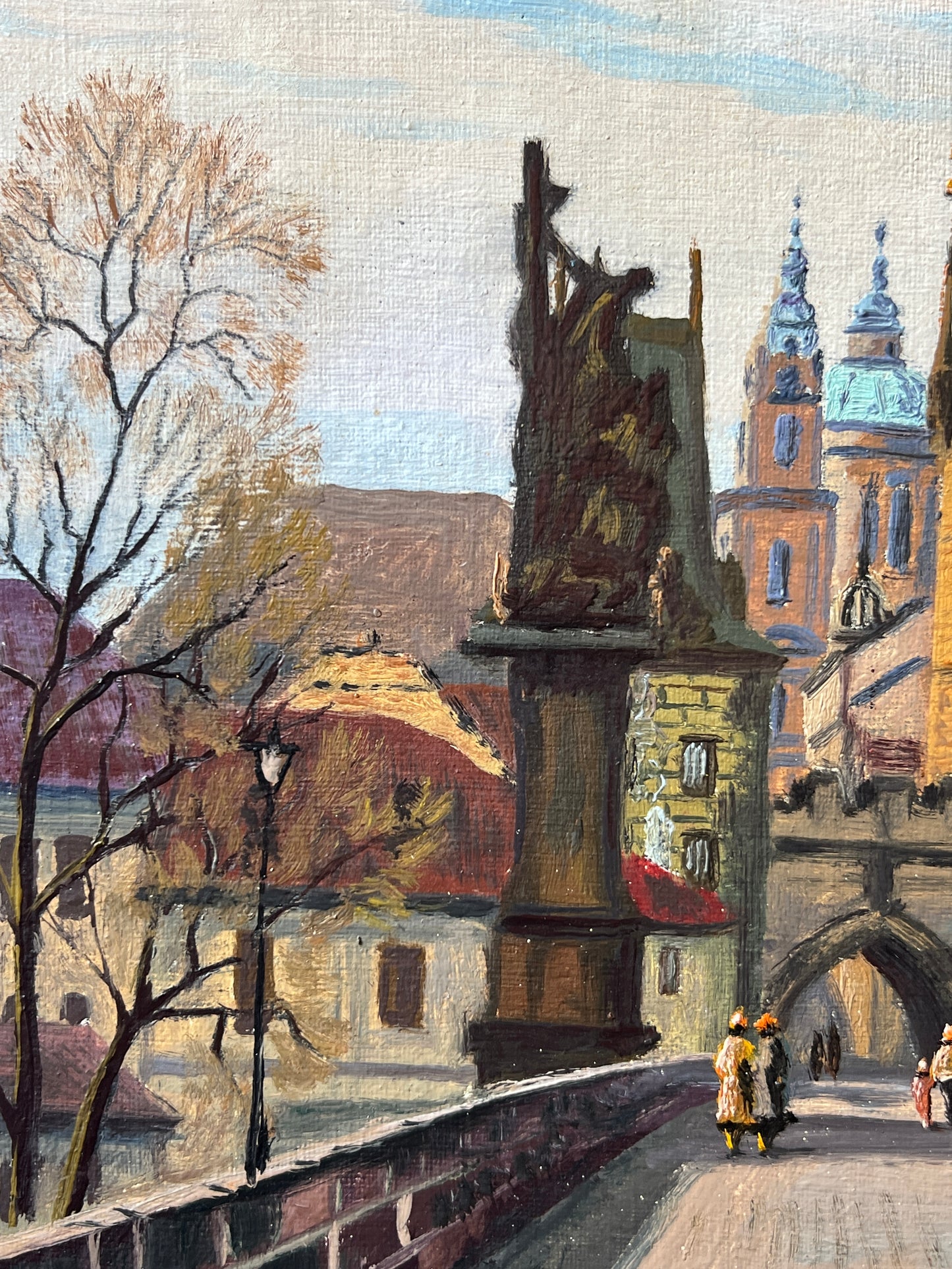 Vintage Crossing the Charles Bridge Prague Oil Painting in Wood Frame