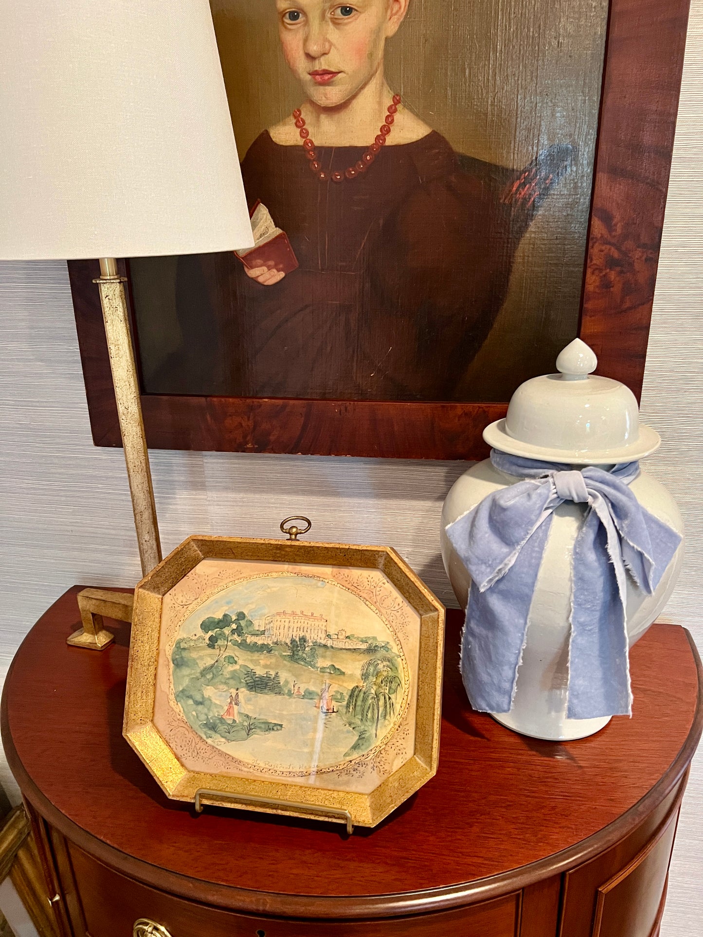Vintage "The President's House" Watercolor and Ink Landscape in Gold Octagon Frame