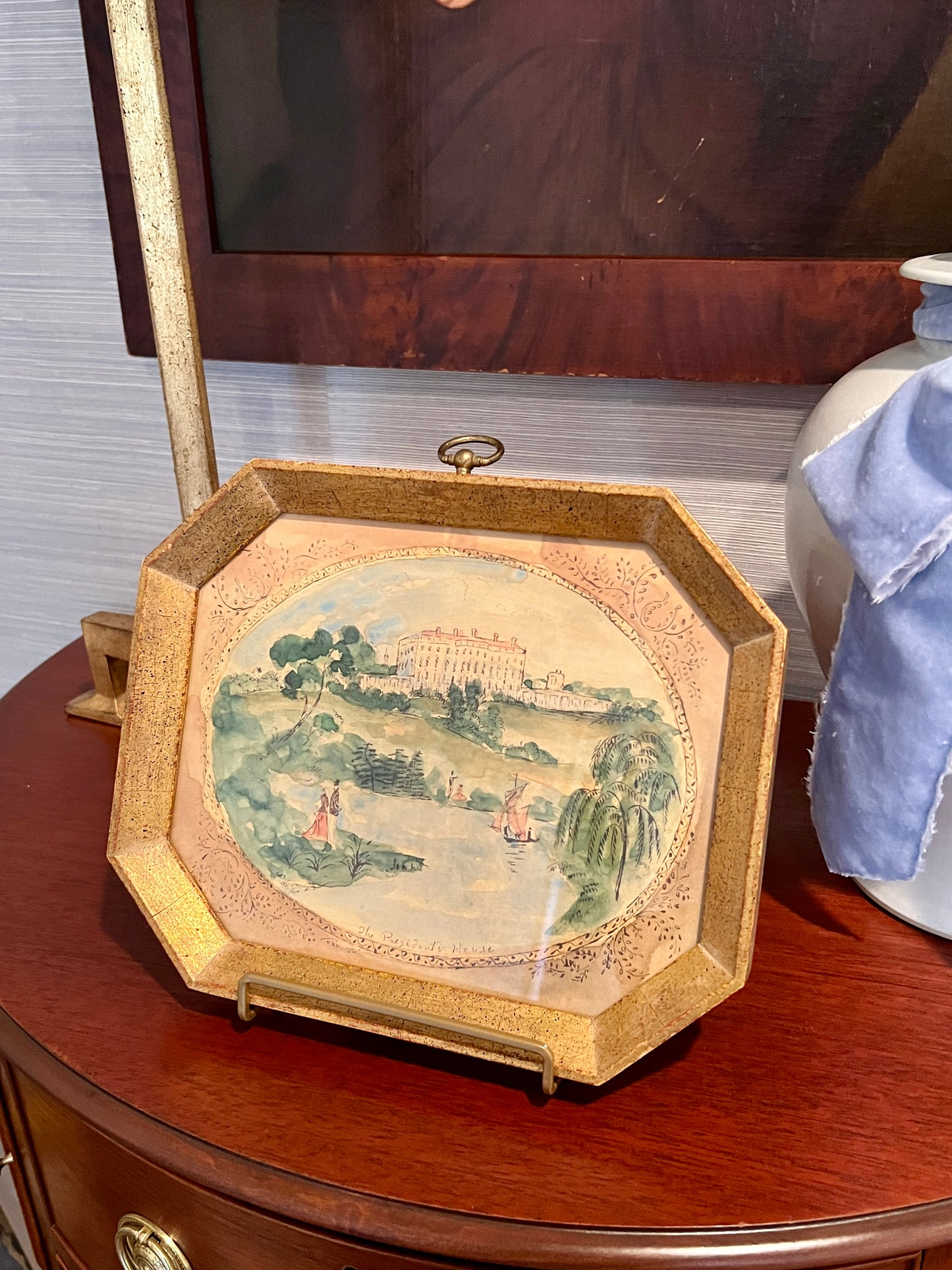 Vintage "The President's House" Watercolor and Ink Landscape in Gold Octagon Frame