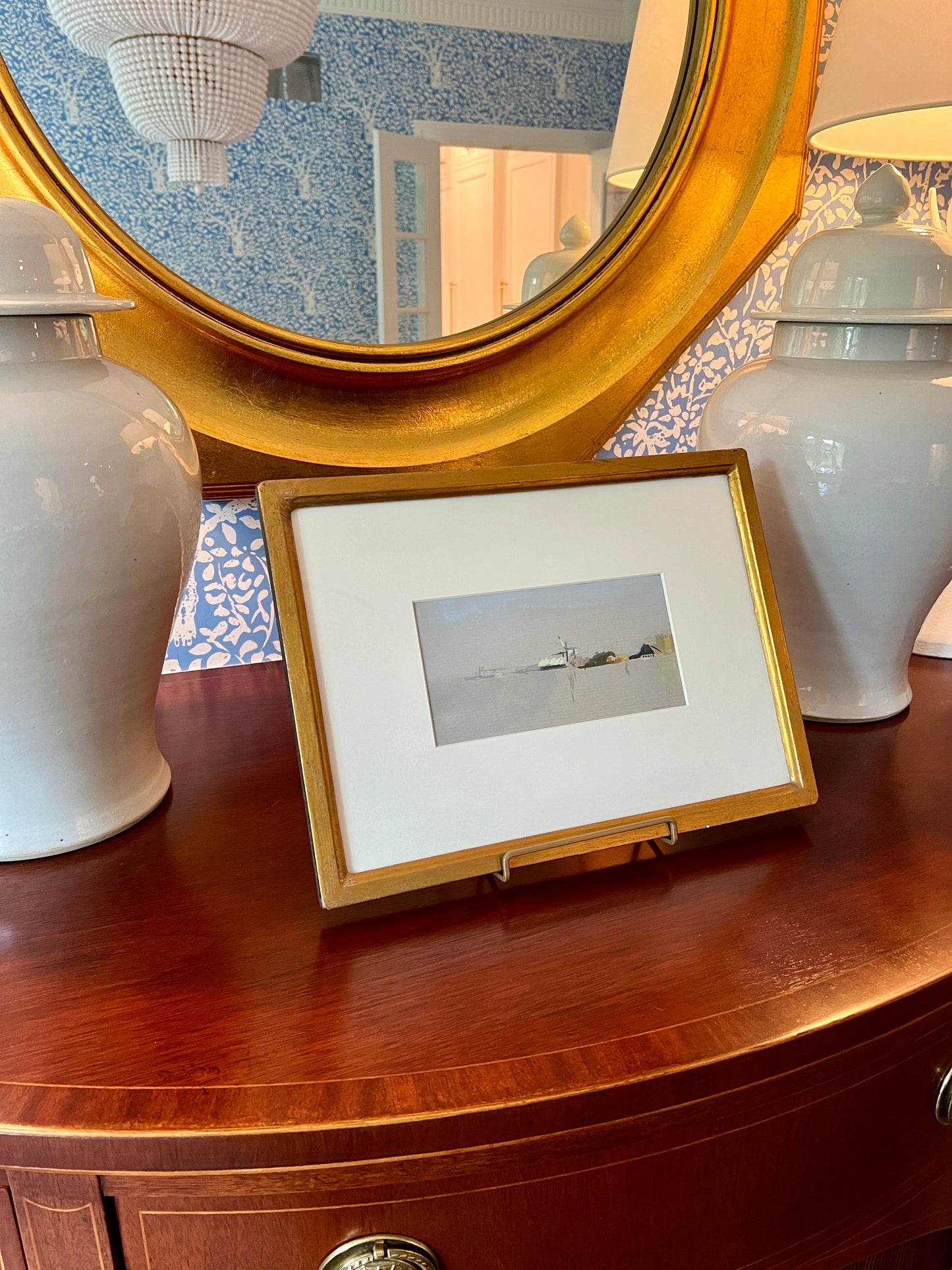 Andrea Krupp Contemporary "Grey River" Abstract Landscape Tempera Painting in Gold Frame