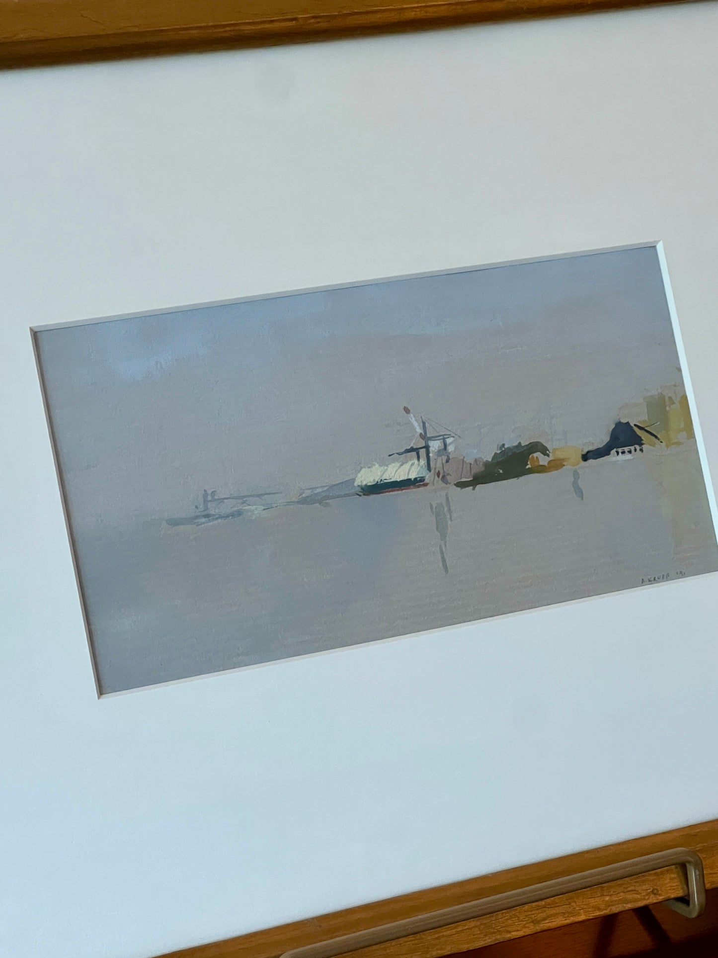Andrea Krupp Contemporary "Grey River" Abstract Landscape Tempera Painting in Gold Frame