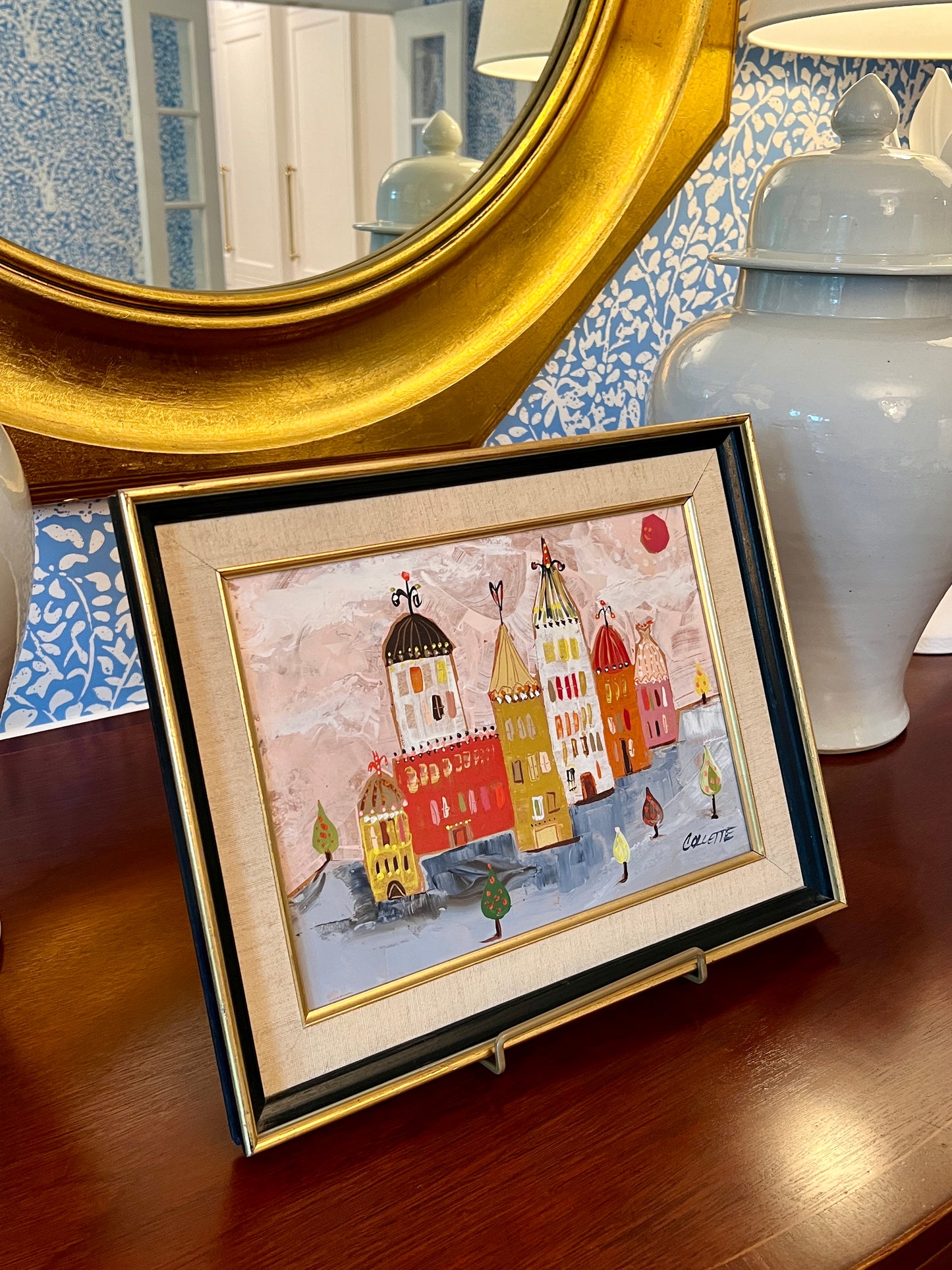 Mid Century Fantastical Pink Storybook Cityscape Oil Painting in Black and Gold Frame