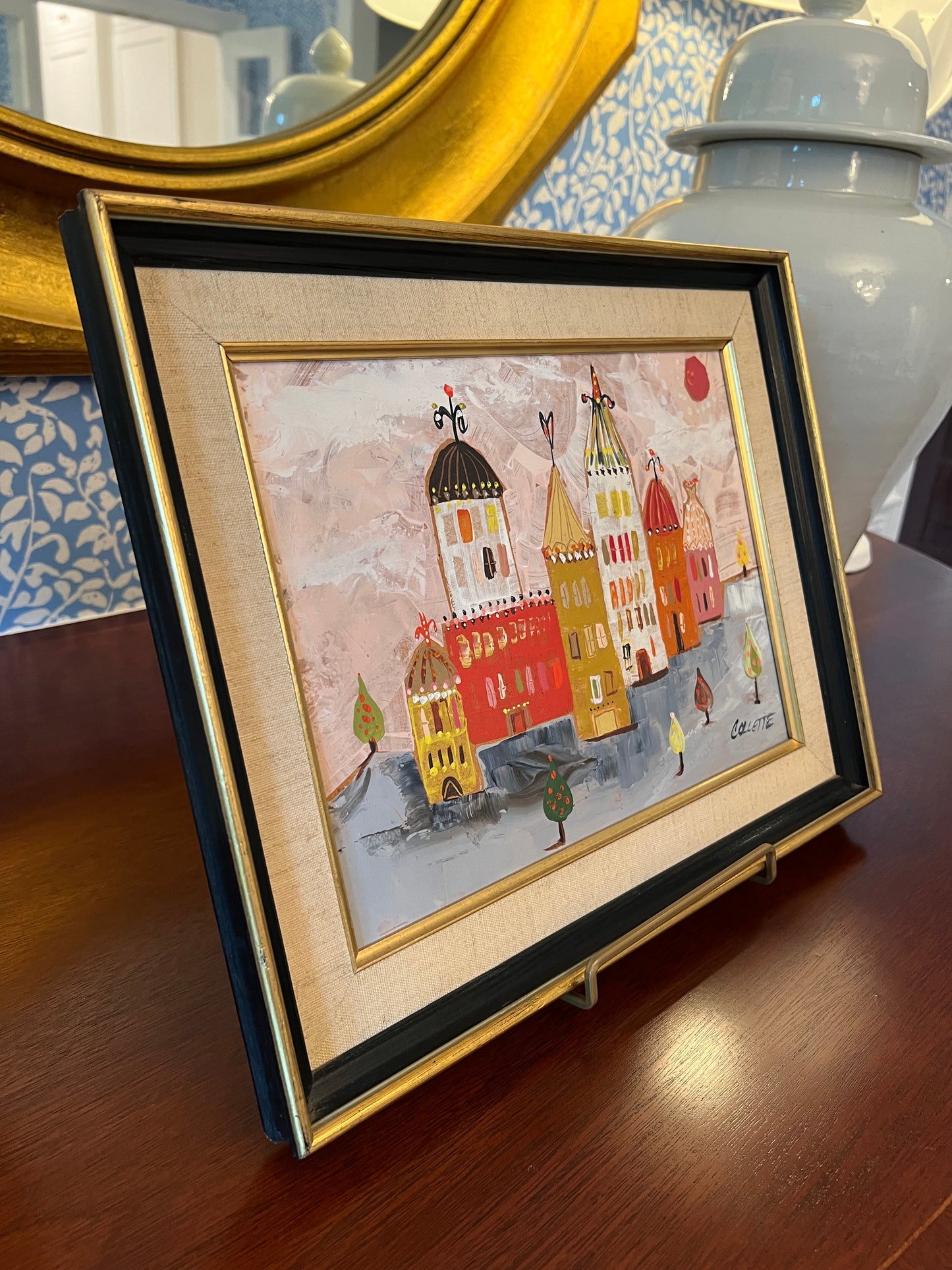 Mid Century Fantastical Pink Storybook Cityscape Oil Painting in Black and Gold Frame