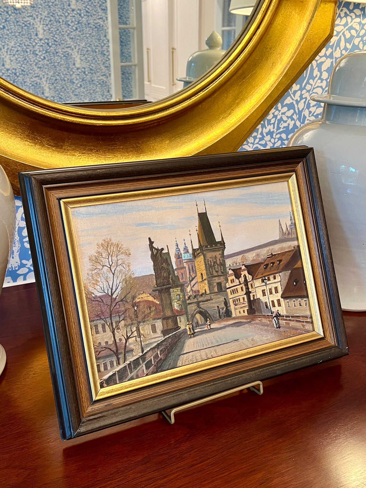 Vintage Crossing the Charles Bridge Prague Oil Painting in Wood Frame
