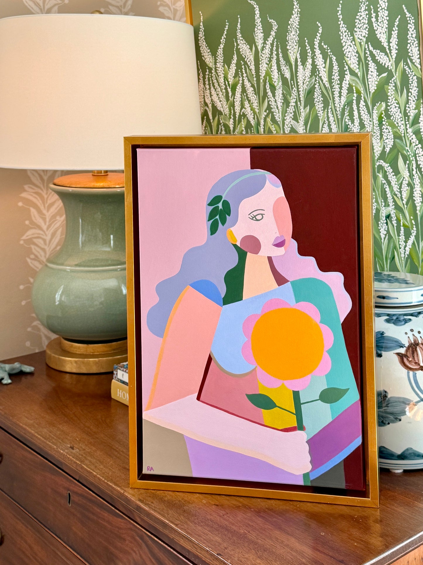 Rebecca Adler Opal Female Expressive Portrait Painting in Gold Floater Frame