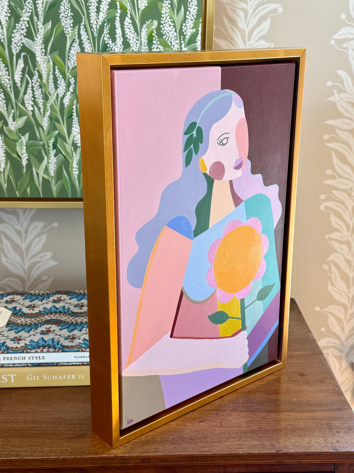 Rebecca Adler Opal Female Expressive Portrait Painting in Gold Floater Frame