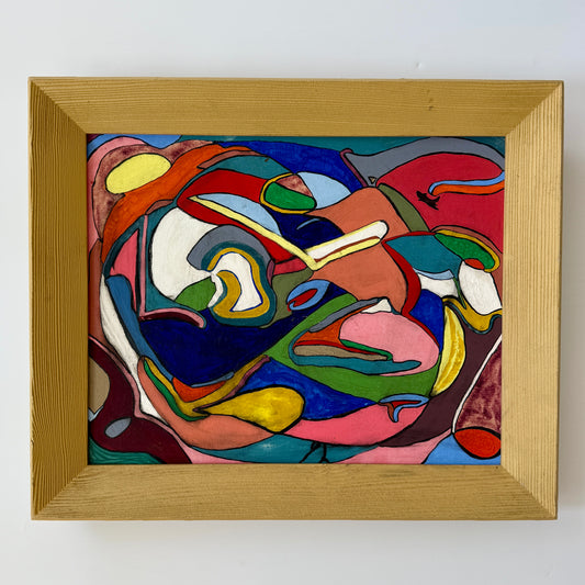 Mid Century Modern Colorful Abstract Oil Painting in Stepped Gold Frame