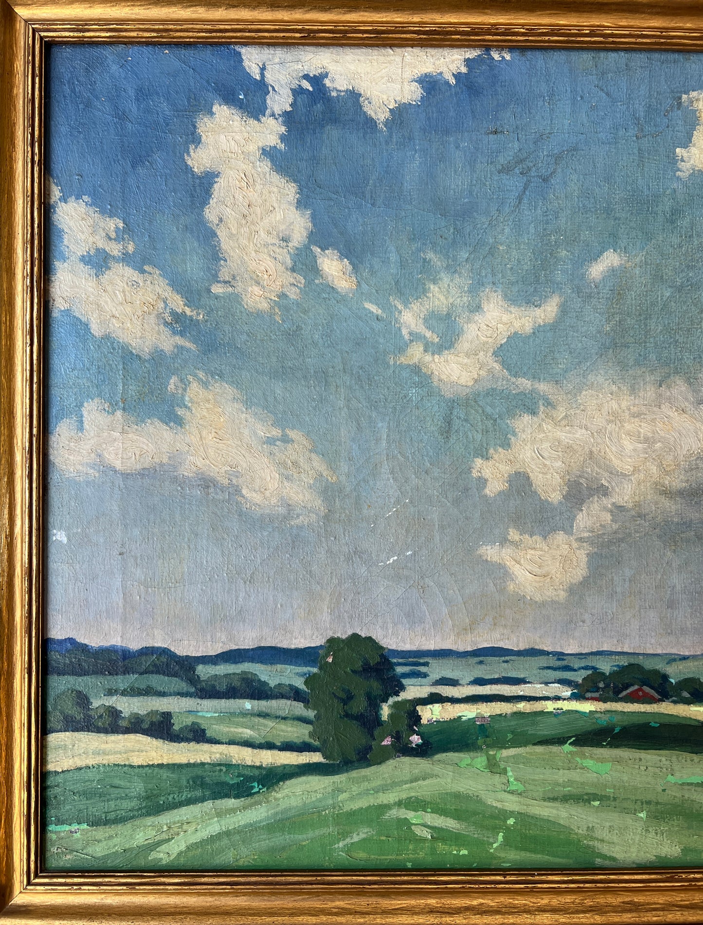 Early 20th Century Blue Skied Country Landscape Oil Painting in Gold Frame