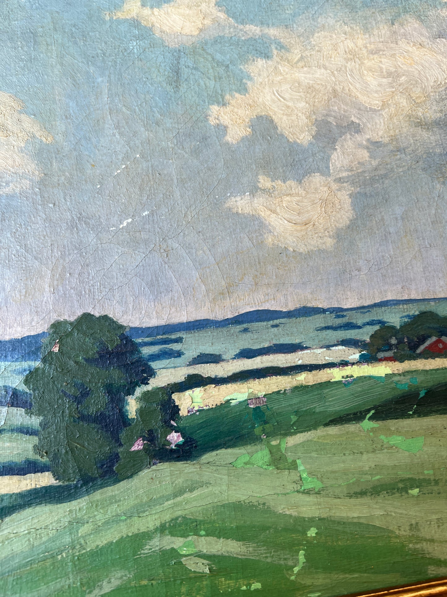 Early 20th Century Blue Skied Country Landscape Oil Painting in Gold Frame