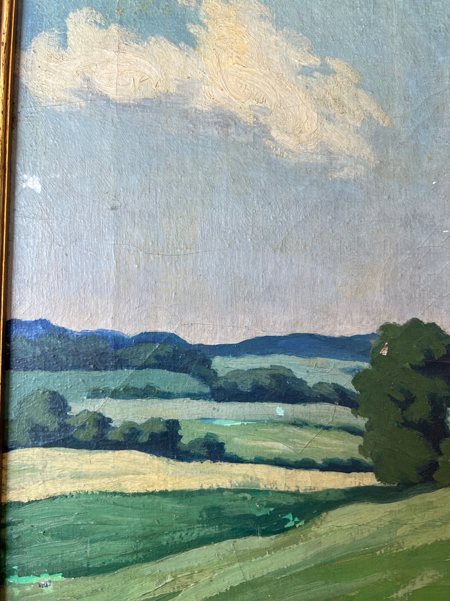 Early 20th Century Blue Skied Country Landscape Oil Painting in Gold Frame