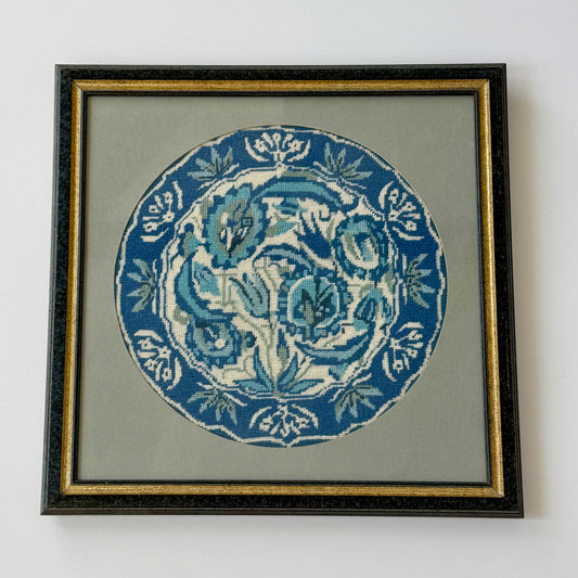 Vintage Blue and White Needlepoint Plate in Custom Frame