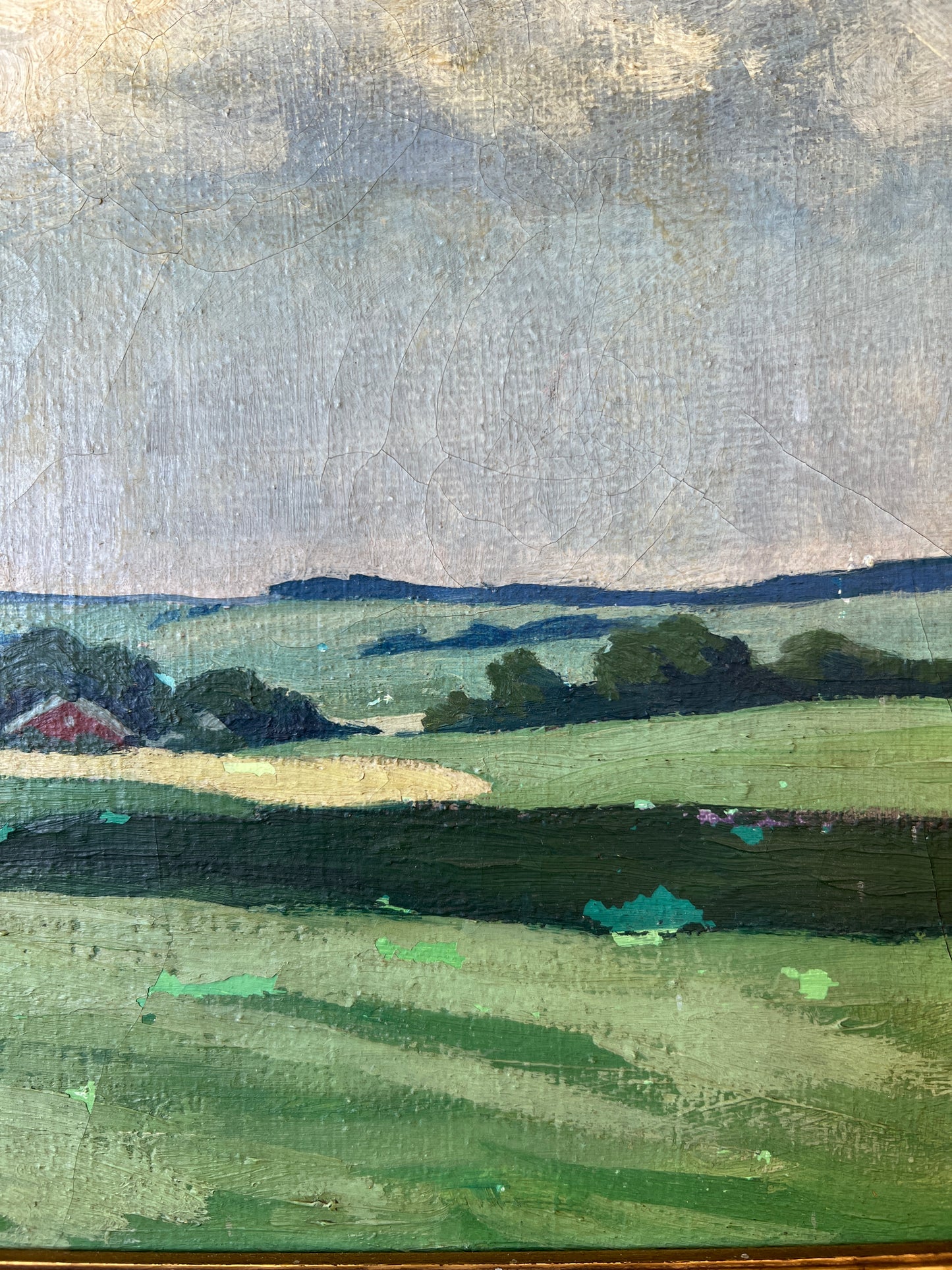 Early 20th Century Blue Skied Country Landscape Oil Painting in Gold Frame