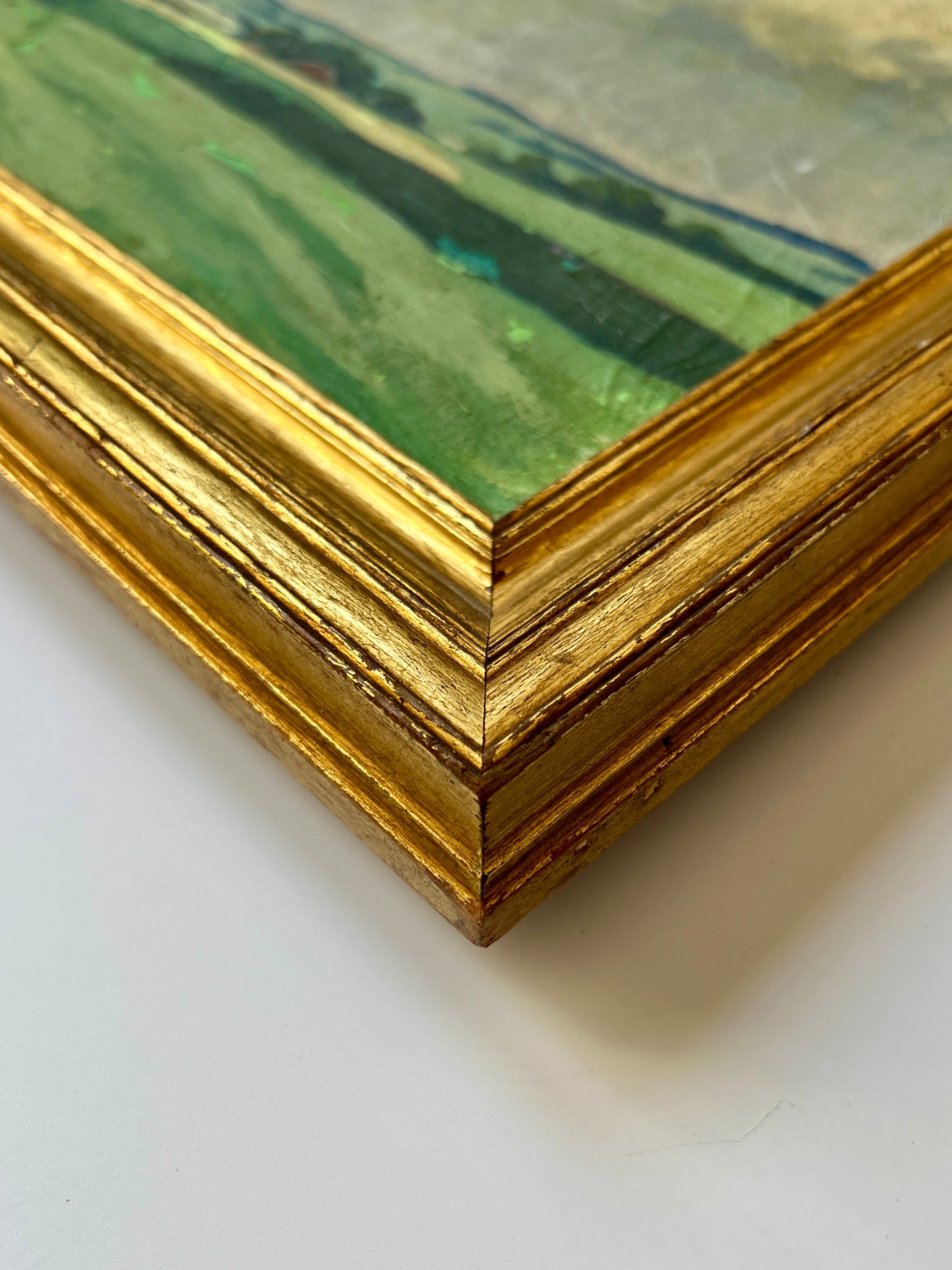 Early 20th Century Blue Skied Country Landscape Oil Painting in Gold Frame