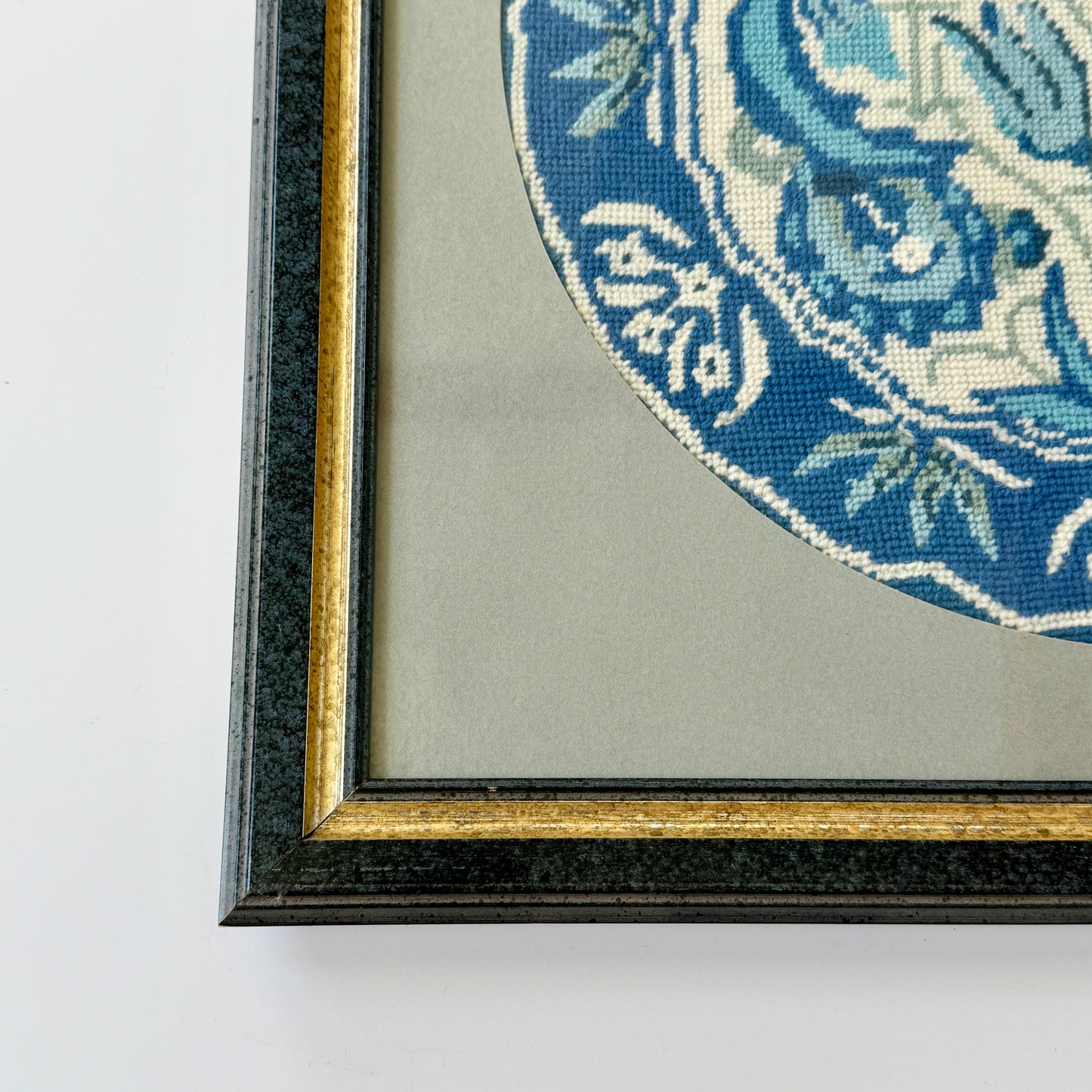 Vintage Blue and White Needlepoint Plate in Custom Frame