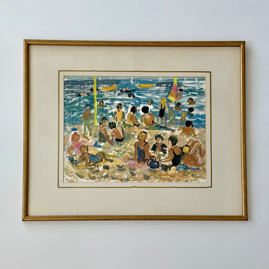 Vintage Carolyn Stafford Crowded Beach Seascape Painting in Gold Frame