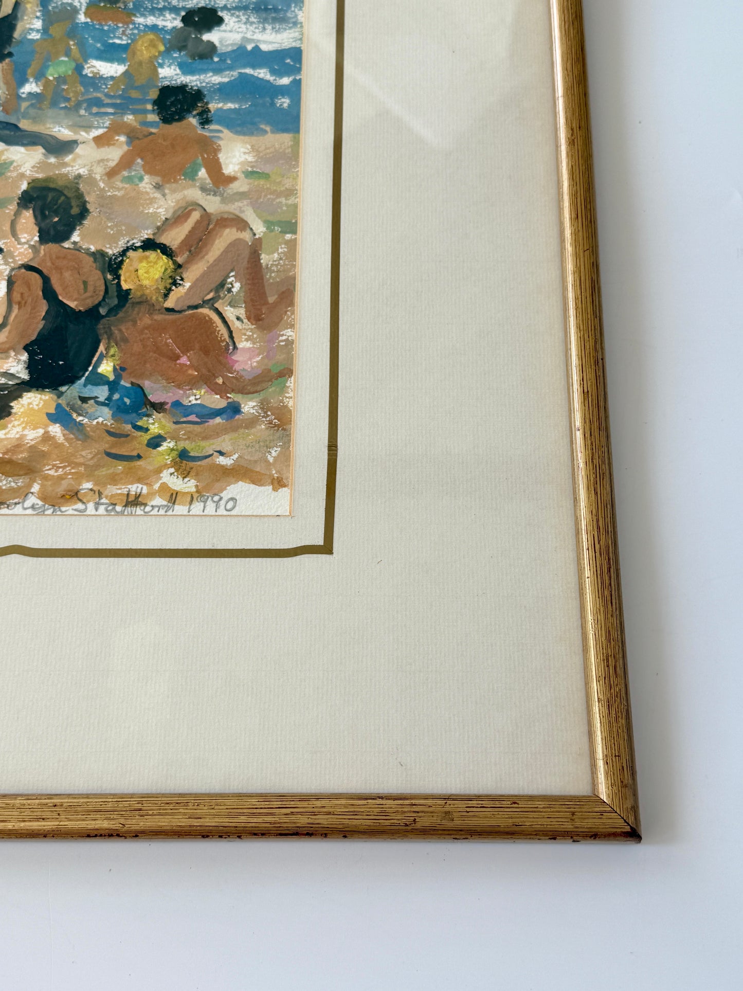 Vintage Carolyn Stafford Crowded Beach Seascape Painting in Gold Frame