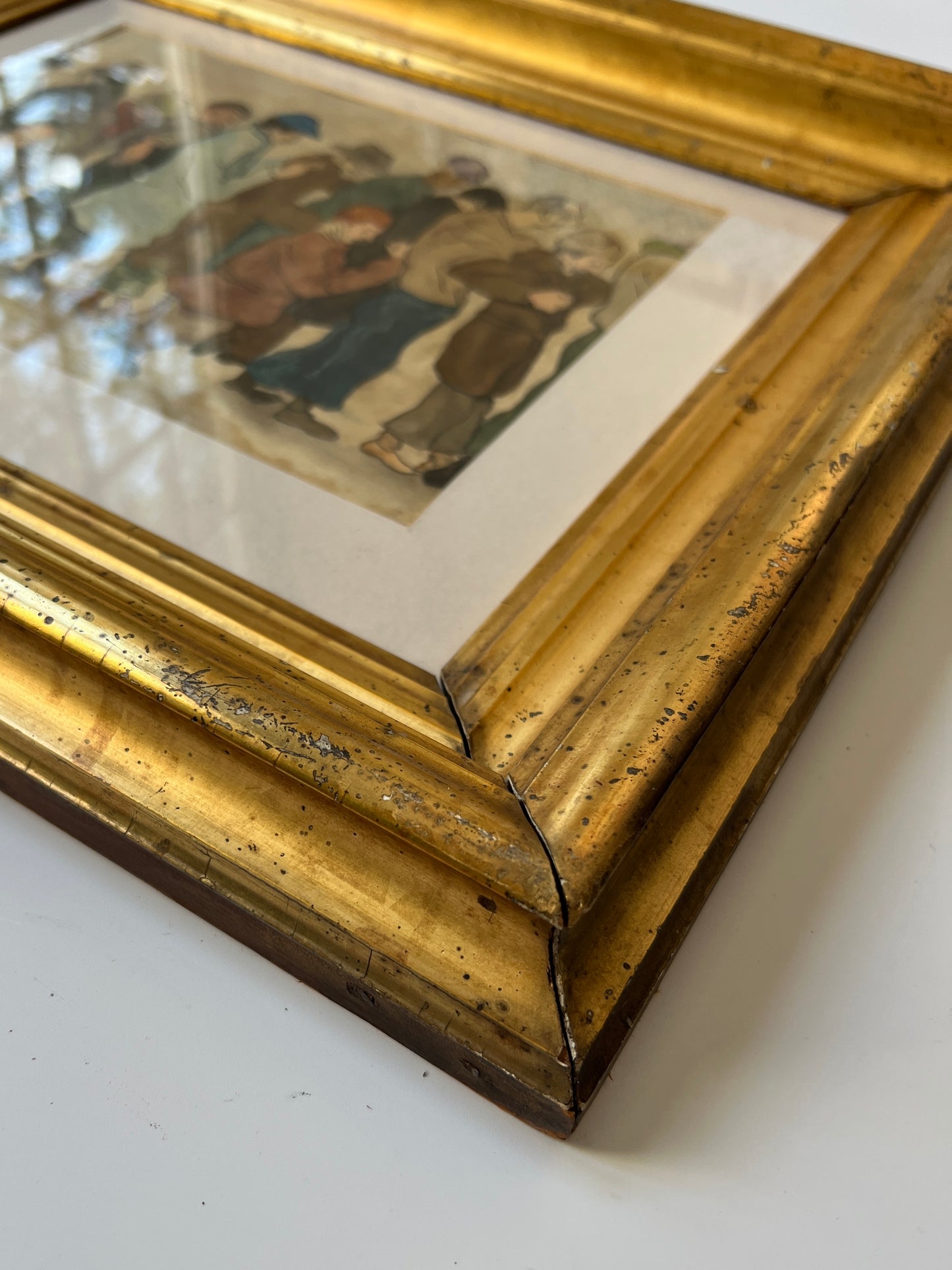 Elnora "Nora" Hauser "Lean on Me" Vintage Watercolor in Antique Gold Frame