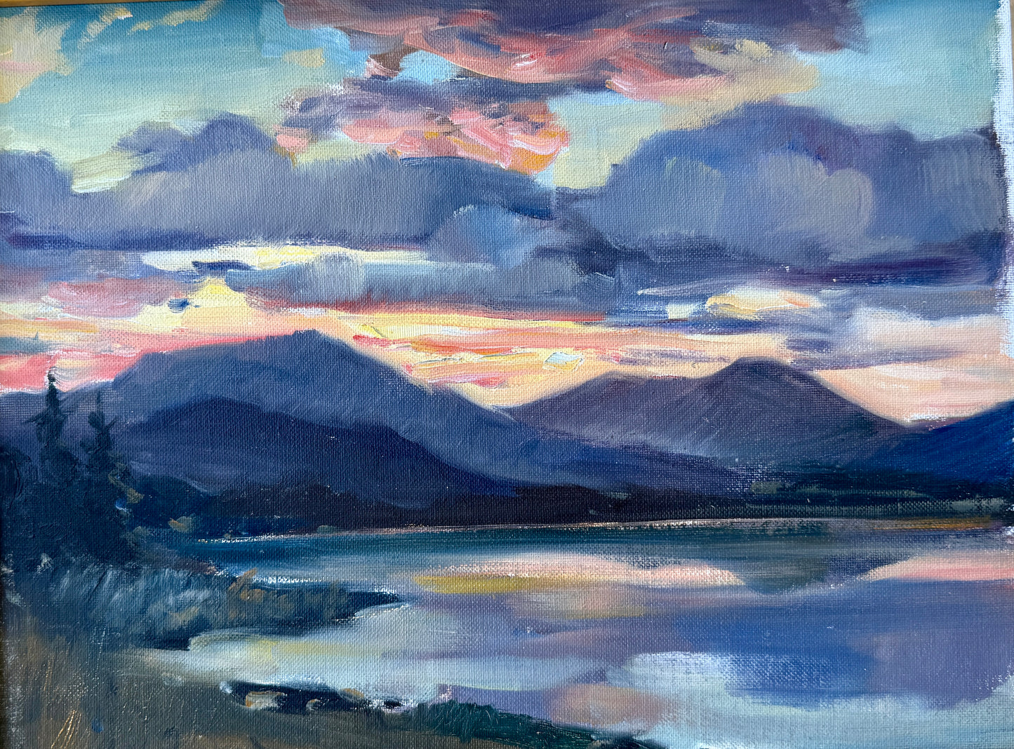 George Cherepov Mountain Lake Sunset Landscape Oil Painting in Gold Frame