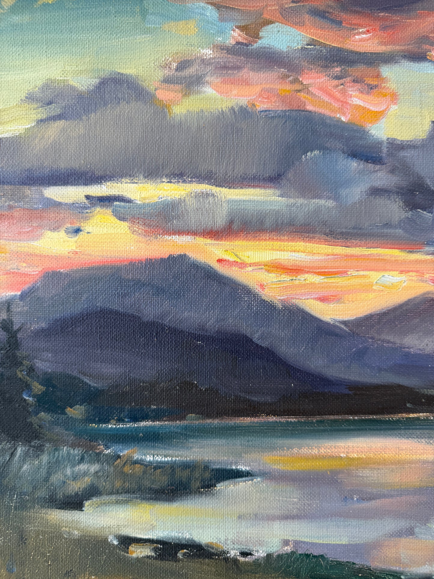 George Cherepov Mountain Lake Sunset Landscape Oil Painting in Gold Frame