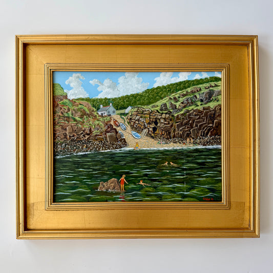 Summer Swimming in the Cove Coastal Landscape Oil Painting in Gold Frame