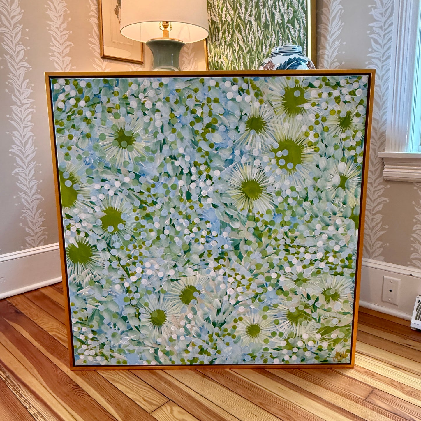 Alison Diamond McElroy Harbor Bloom Floral Painting in Gold Floater Frame