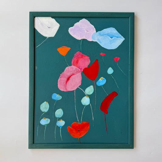 Contemporary Poppies Modernist Still Life Oil Painting in Painted Frame