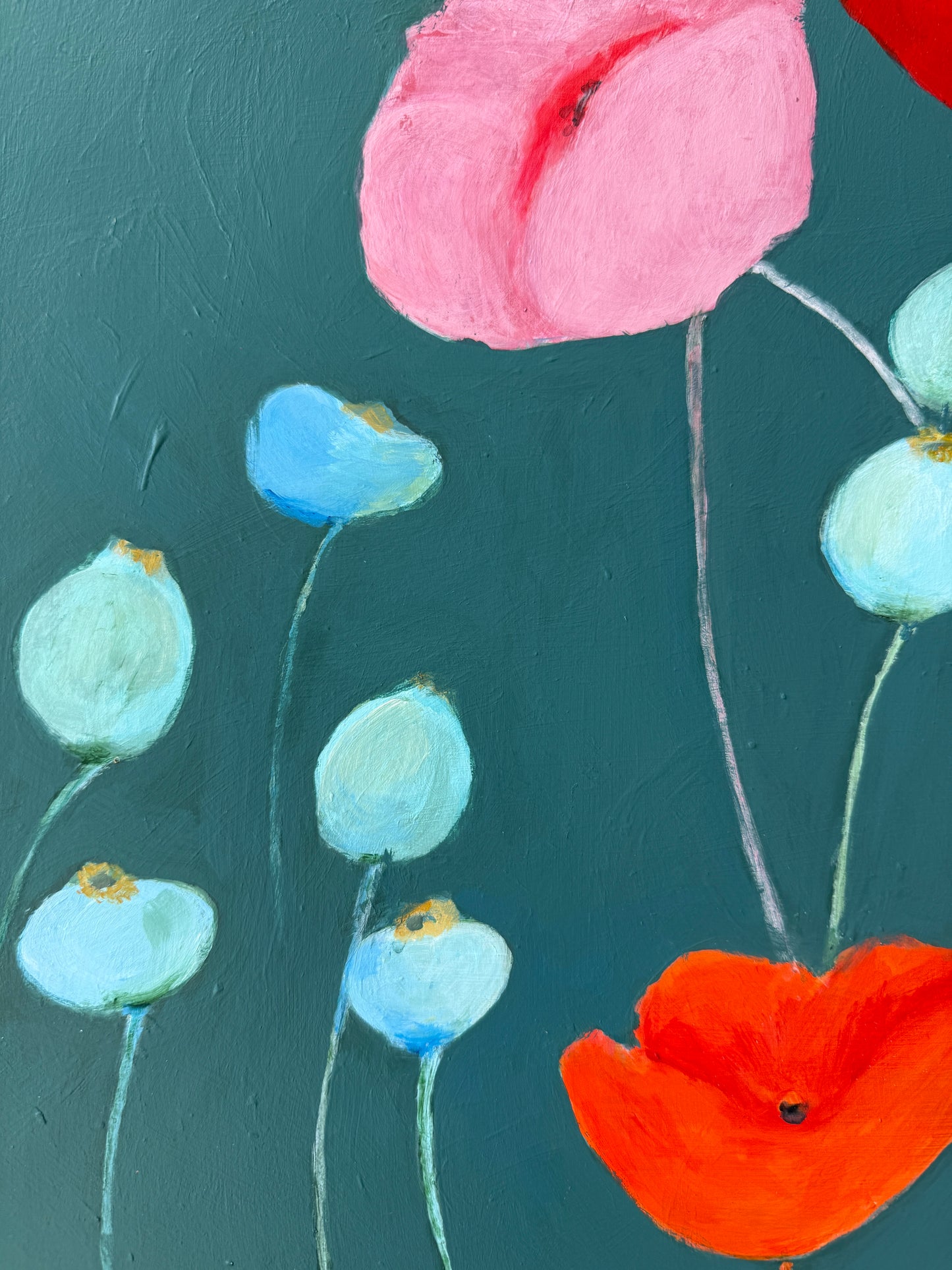 Contemporary Poppies Modernist Still Life Oil Painting in Painted Frame