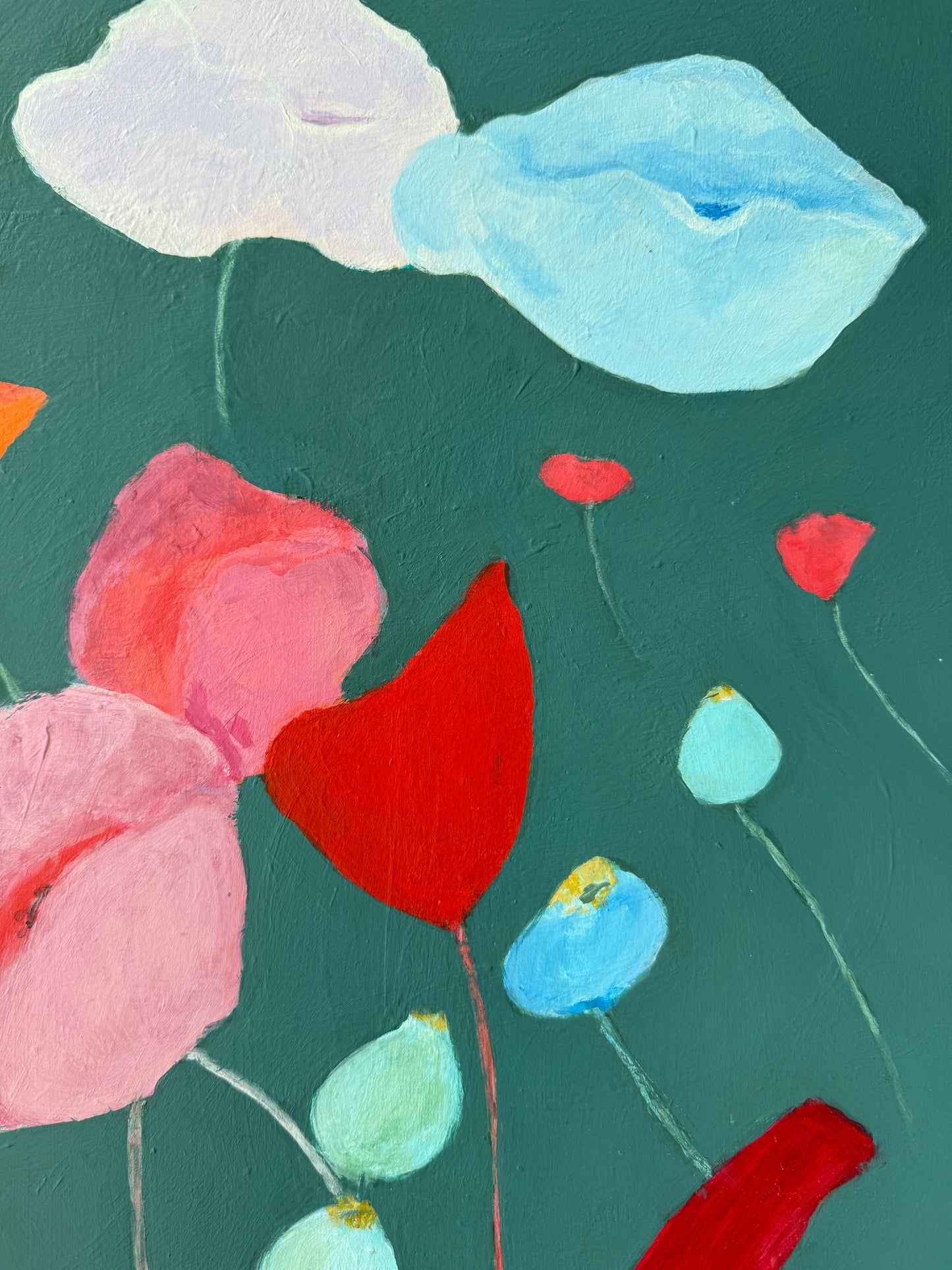 Contemporary Poppies Modernist Still Life Oil Painting in Painted Frame